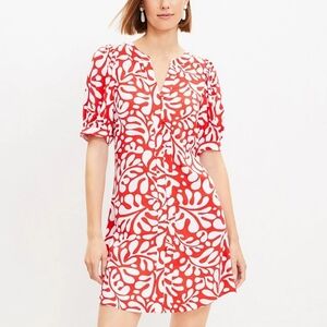 LOFT Floral V Neck Button Down Balloon Sleeves Swing Dress, Small, Red/ …